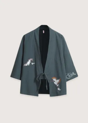 Veste kimono bleu gris en lin | Les deux grues