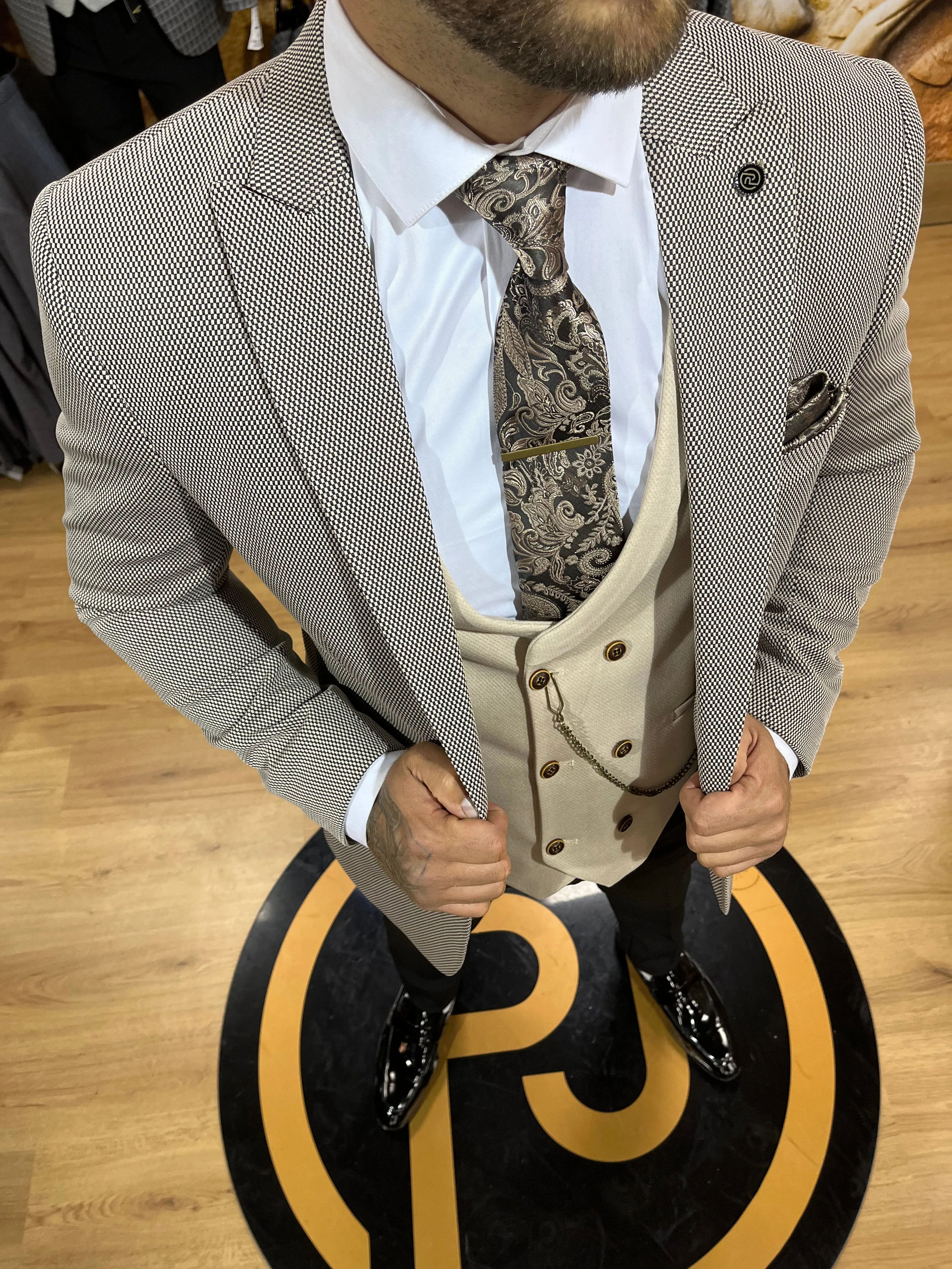 Vidal - Beige/Black 3 Piece Suit