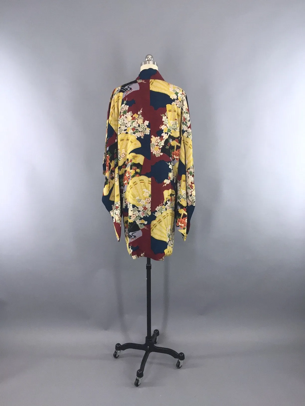 Vintage 1920s Silk Haori Kimono Cardigan / Maroon Chartreuse Fan Print