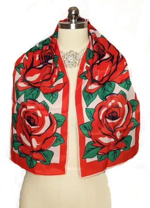 VINTAGE GORGEOUS RED ROSES SILK SCARF PERFECT GIFT FOR VALENTINES DAY OR ANY DAY OF THE YEAR