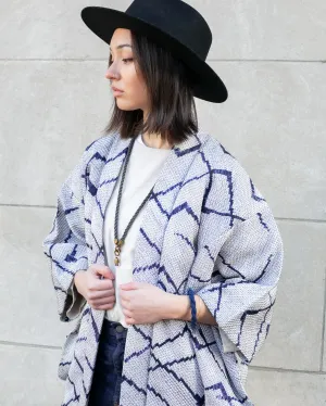 Vintage Haori Jacket, Full Shibori, White with Navy Blue Criss Cross Pattern and Light Purple