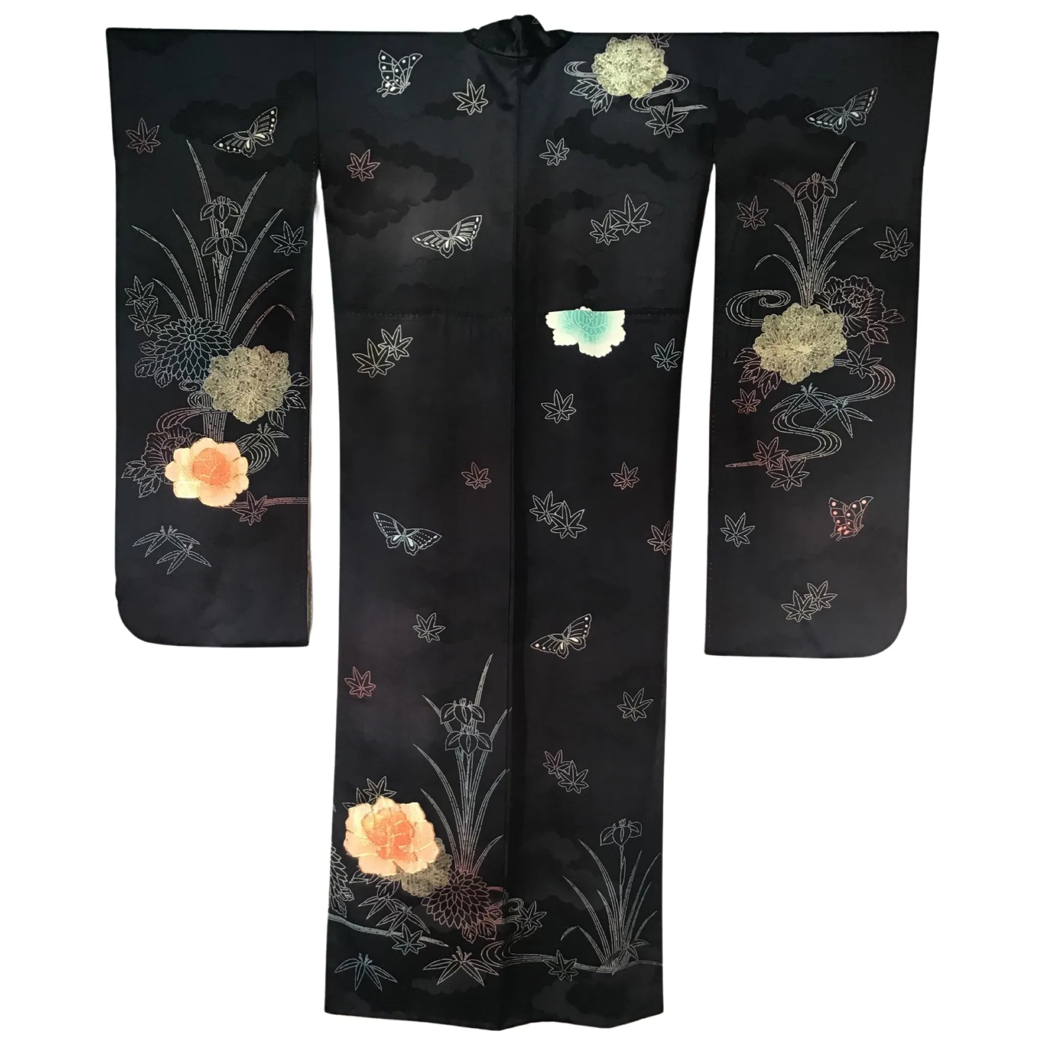 Vintage Kimono ‘Navy Blue With Butterflies Leaves & Embroidered Flowers’