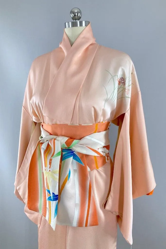 Vintage Peach Silk Floral Kimono