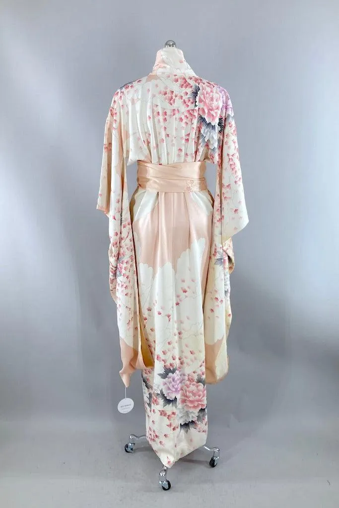 Vintage Pink Peony Silk Furisode Kimono