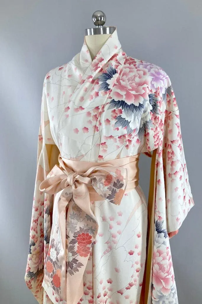 Vintage Pink Peony Silk Furisode Kimono