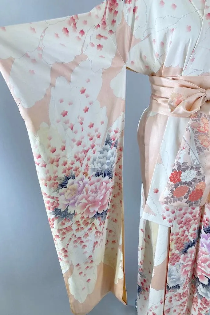 Vintage Pink Peony Silk Furisode Kimono