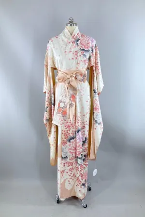 Vintage Pink Peony Silk Furisode Kimono