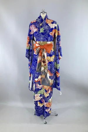 Vintage Royal Blue Butterflies Silk Kimono