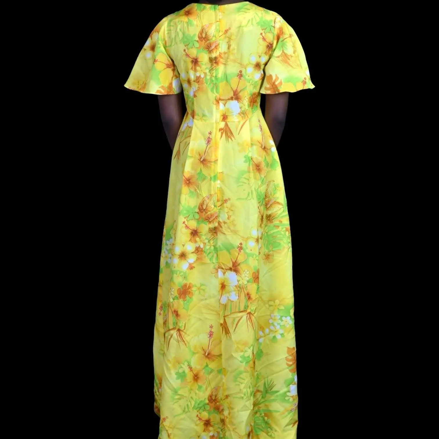 Vintage Royal Hawaiian Dress Yellow Maxi Tiki A Line Bohemian 70s Tropical Size XXS