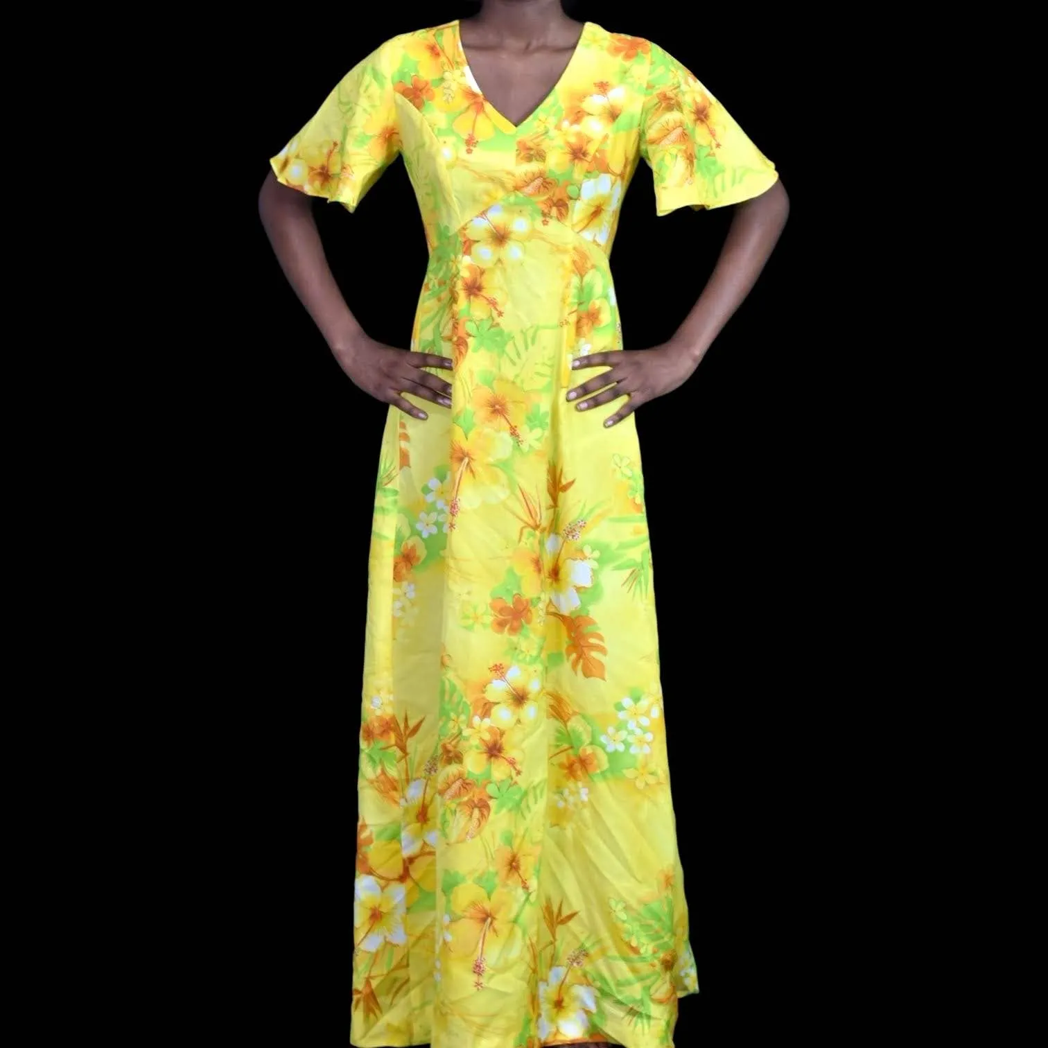 Vintage Royal Hawaiian Dress Yellow Maxi Tiki A Line Bohemian 70s Tropical Size XXS