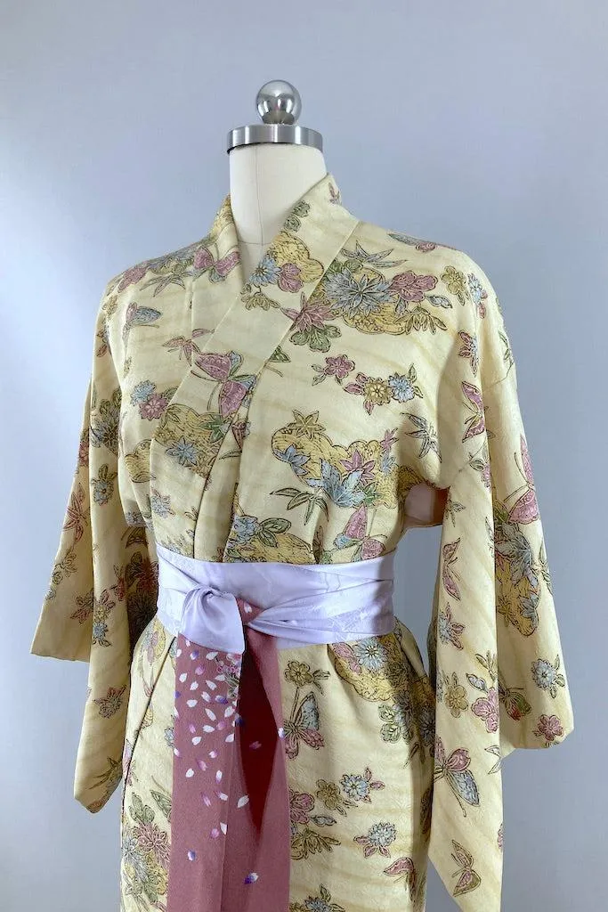 Vintage Yellow and Lavender Floral Silk Kimono