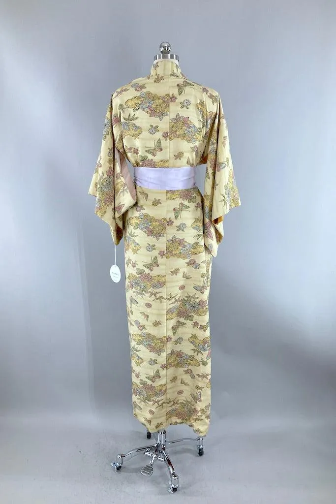 Vintage Yellow and Lavender Floral Silk Kimono