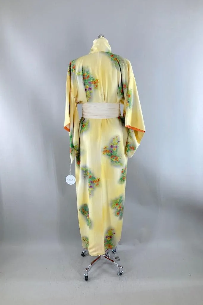 Vintage Yellow Spring Floral Silk Kimono