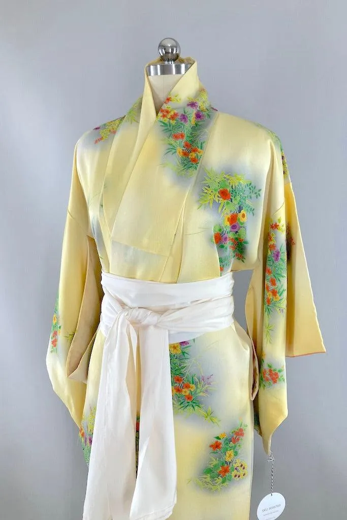 Vintage Yellow Spring Floral Silk Kimono