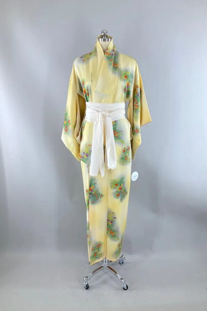 Vintage Yellow Spring Floral Silk Kimono