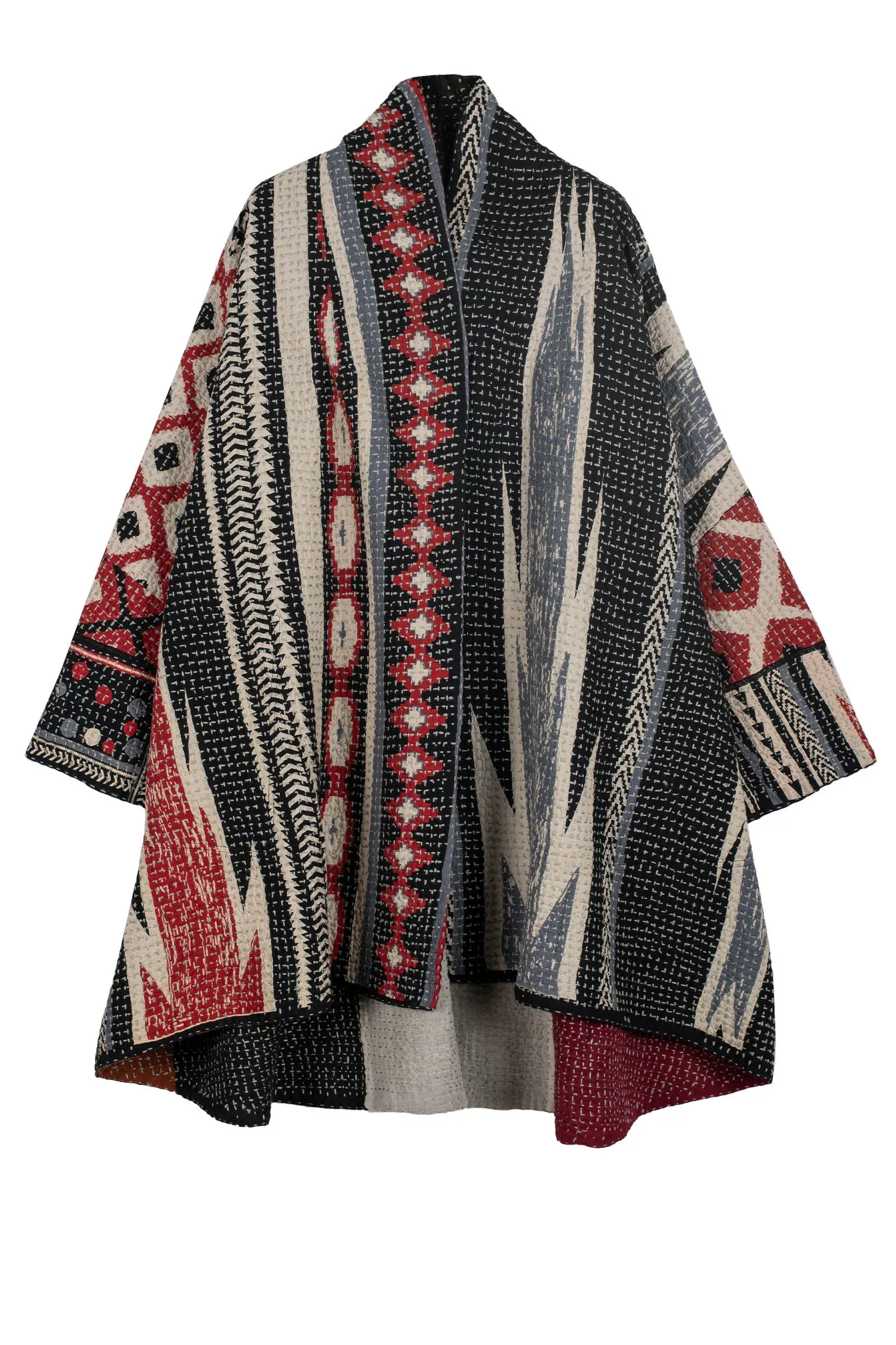 WAFFLE KANTHA MONOTONE IKAT KIMONO LONG JACKET - wi3005-red -