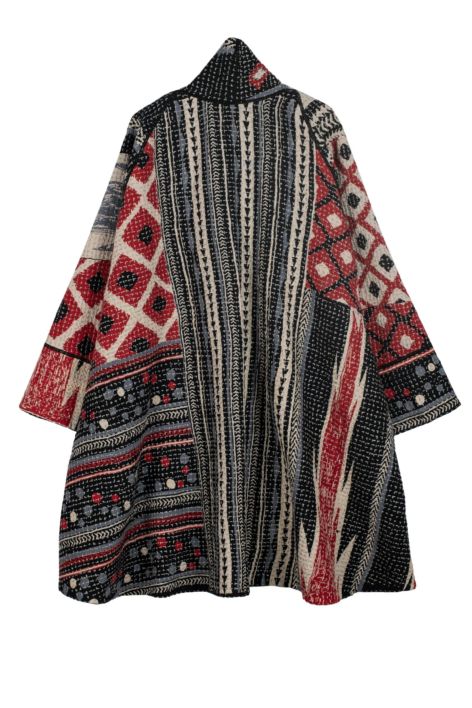 WAFFLE KANTHA MONOTONE IKAT KIMONO LONG JACKET - wi3005-red -