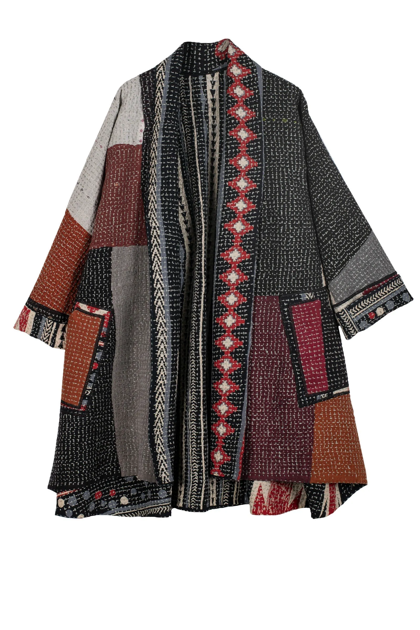 WAFFLE KANTHA MONOTONE IKAT KIMONO LONG JACKET - wi3005-red -