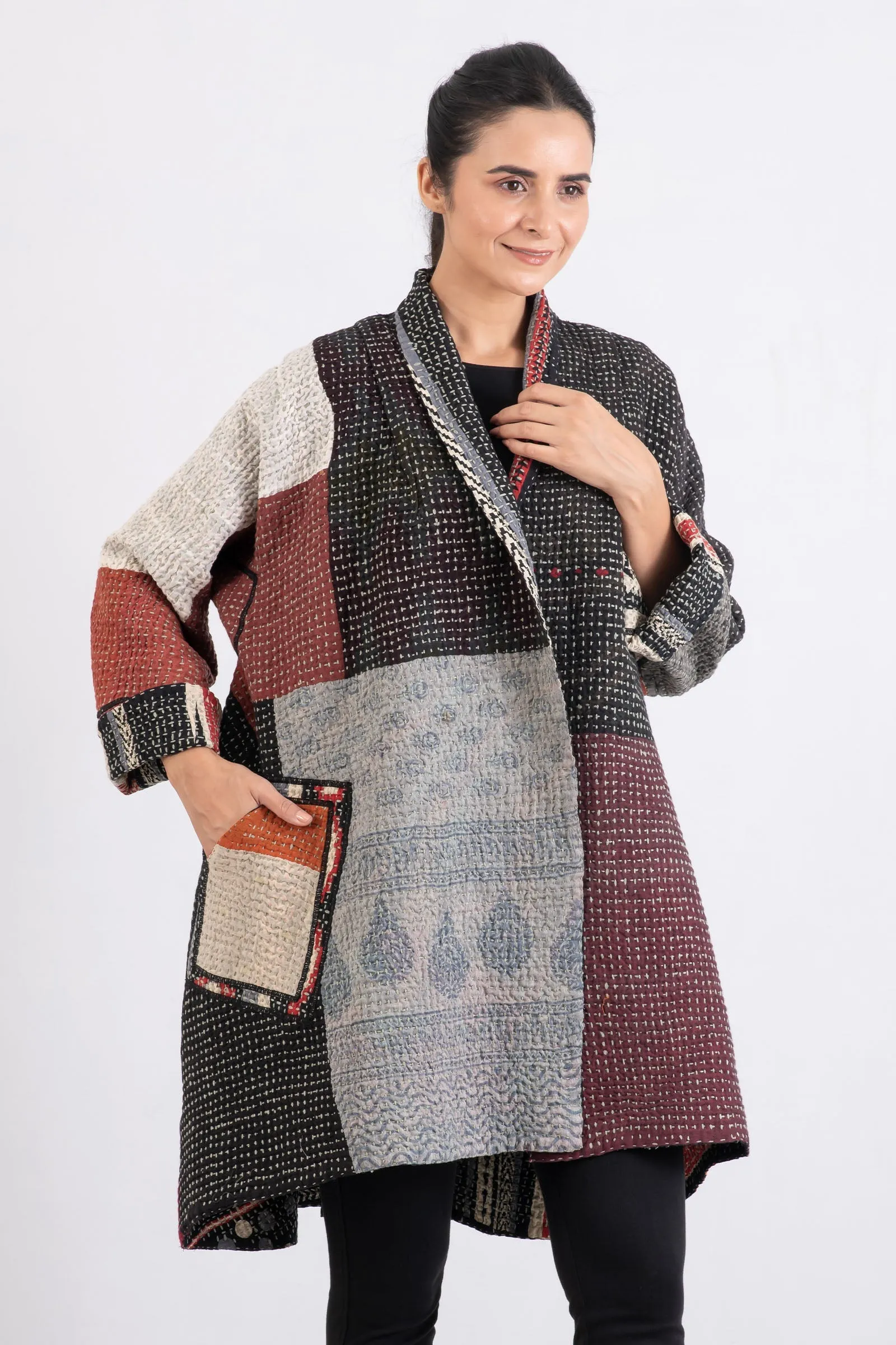 WAFFLE KANTHA MONOTONE IKAT KIMONO LONG JACKET - wi3005-red -