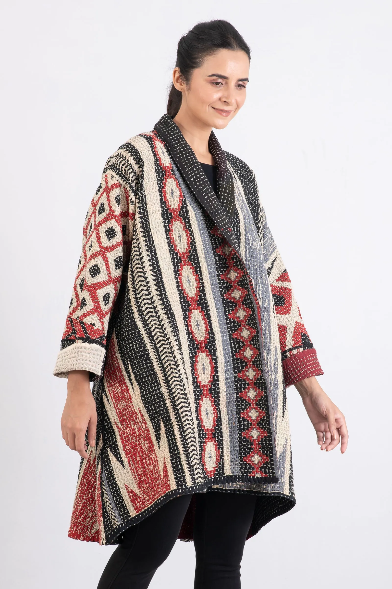 WAFFLE KANTHA MONOTONE IKAT KIMONO LONG JACKET - wi3005-red -