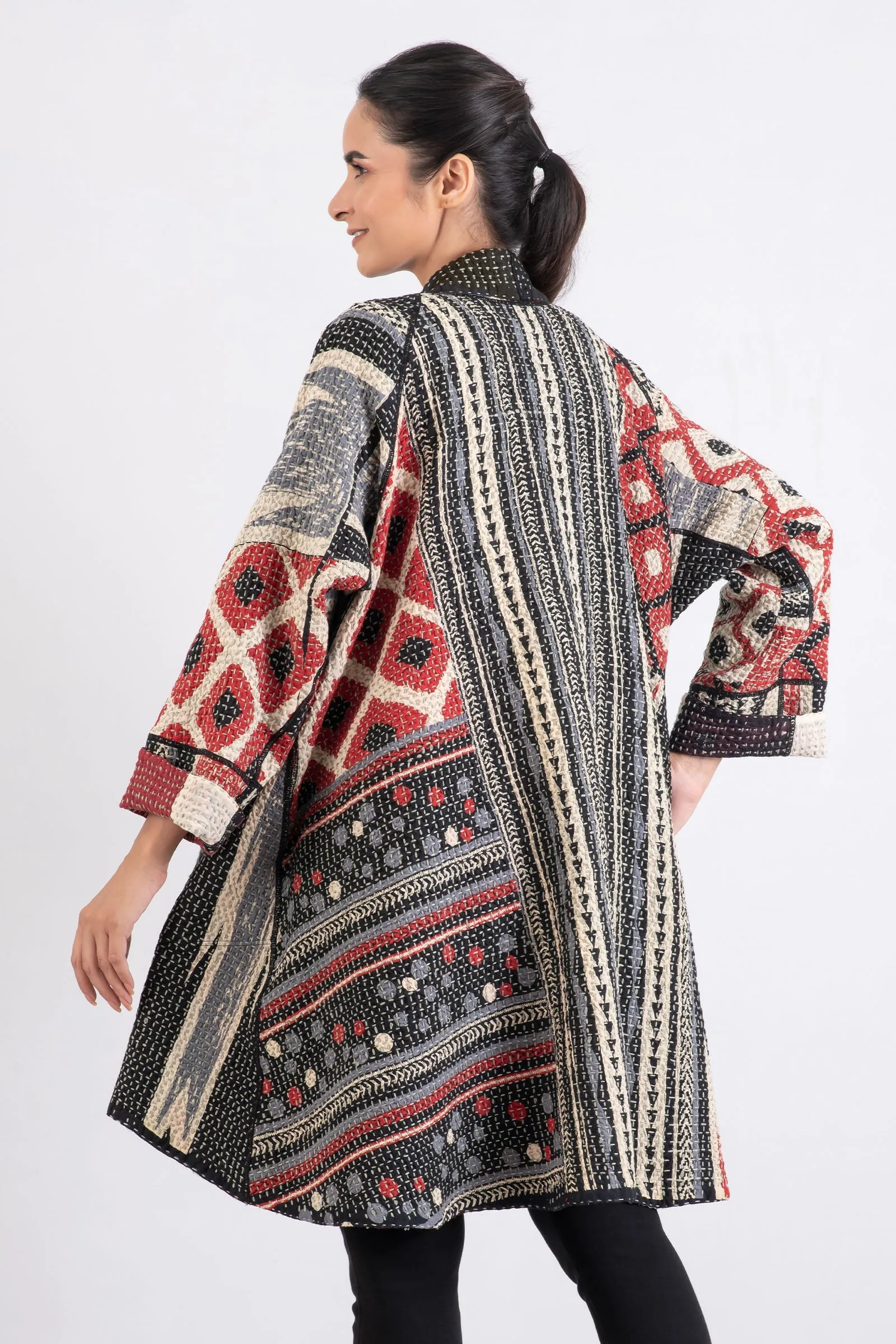 WAFFLE KANTHA MONOTONE IKAT KIMONO LONG JACKET - wi3005-red -