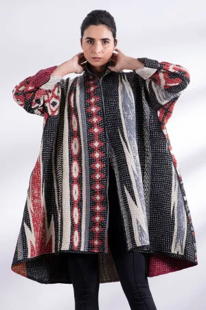 WAFFLE KANTHA MONOTONE IKAT KIMONO LONG JACKET - wi3005-red -