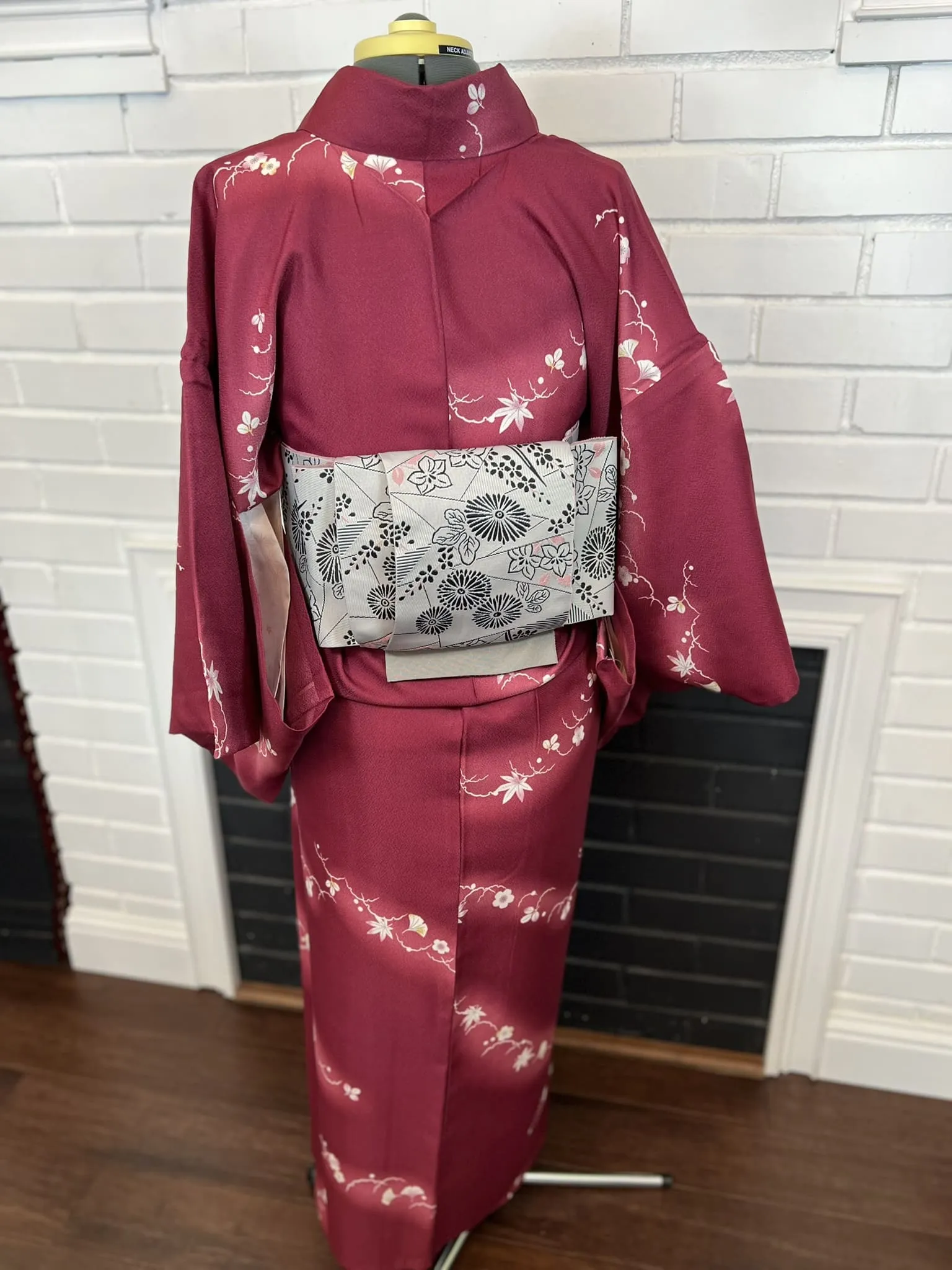 WASHABLE KIMONO and OBI 2 pc set, Maple and Cherry Blossoms, Size: M / Japanese Traditional Women's Summer Kimono and Han-haba Obi