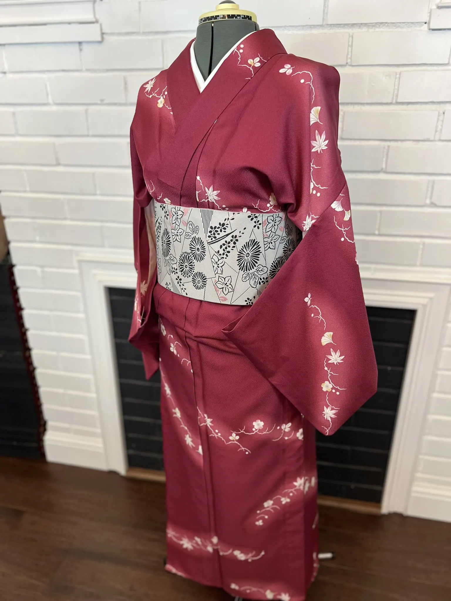 WASHABLE KIMONO and OBI 2 pc set, Maple and Cherry Blossoms, Size: M / Japanese Traditional Women's Summer Kimono and Han-haba Obi