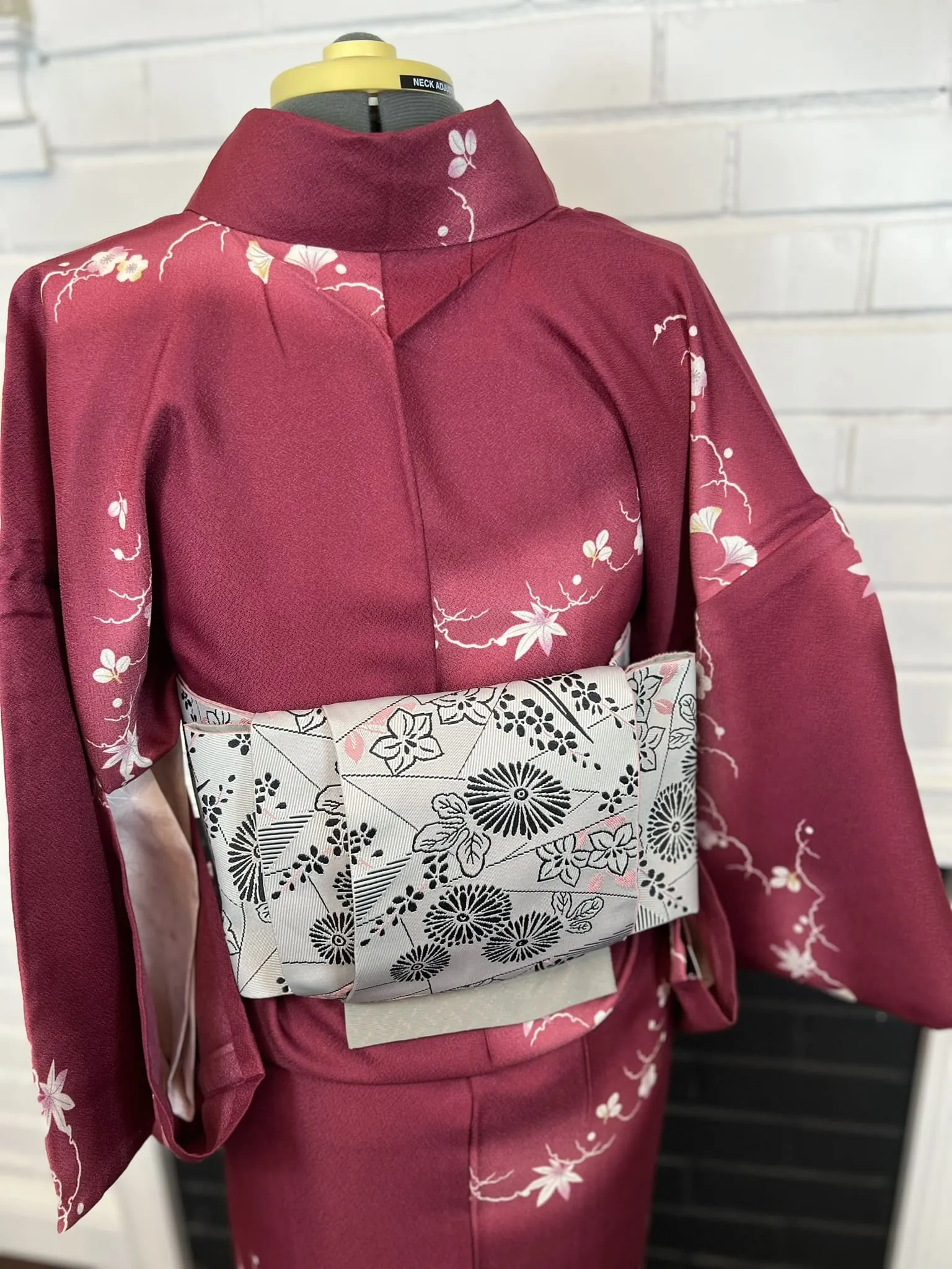 WASHABLE KIMONO and OBI 2 pc set, Maple and Cherry Blossoms, Size: M / Japanese Traditional Women's Summer Kimono and Han-haba Obi