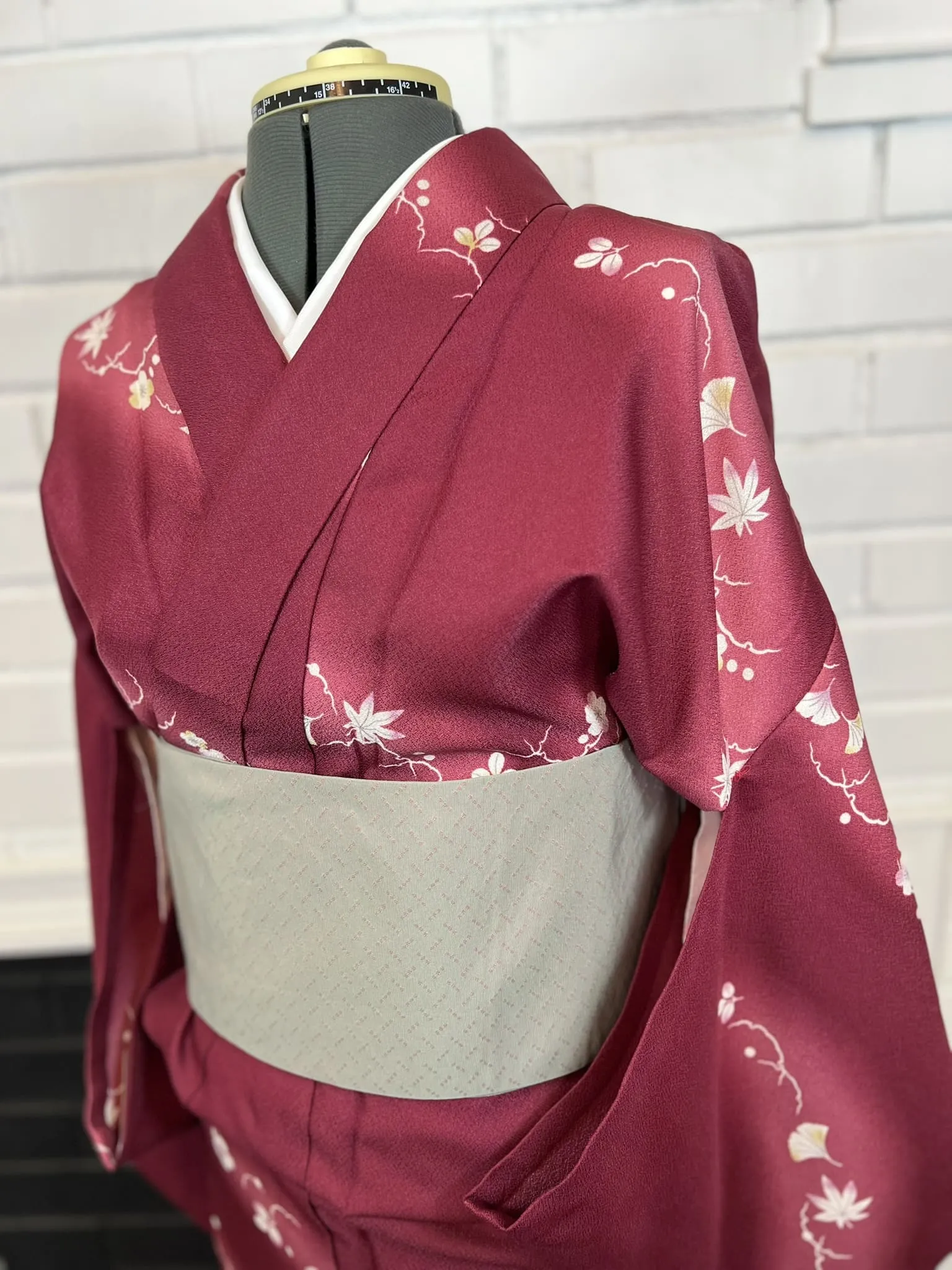 WASHABLE KIMONO and OBI 2 pc set, Maple and Cherry Blossoms, Size: M / Japanese Traditional Women's Summer Kimono and Han-haba Obi