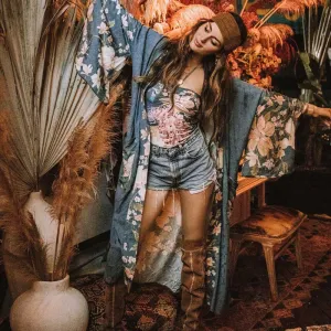 Waterfall Maxi Kimono Blue Or Beige You Choose Floral Gypsy Peacock Print Full Length Robe Or Swimsuit Cover Up Beautiful Bohemian Available In Sizes Small Medium Or Large