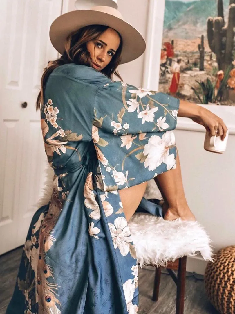 Waterfall Maxi Kimono Blue Or Beige You Choose Floral Gypsy Peacock Print Full Length Robe Or Swimsuit Cover Up Beautiful Bohemian Available In Sizes Small Medium Or Large