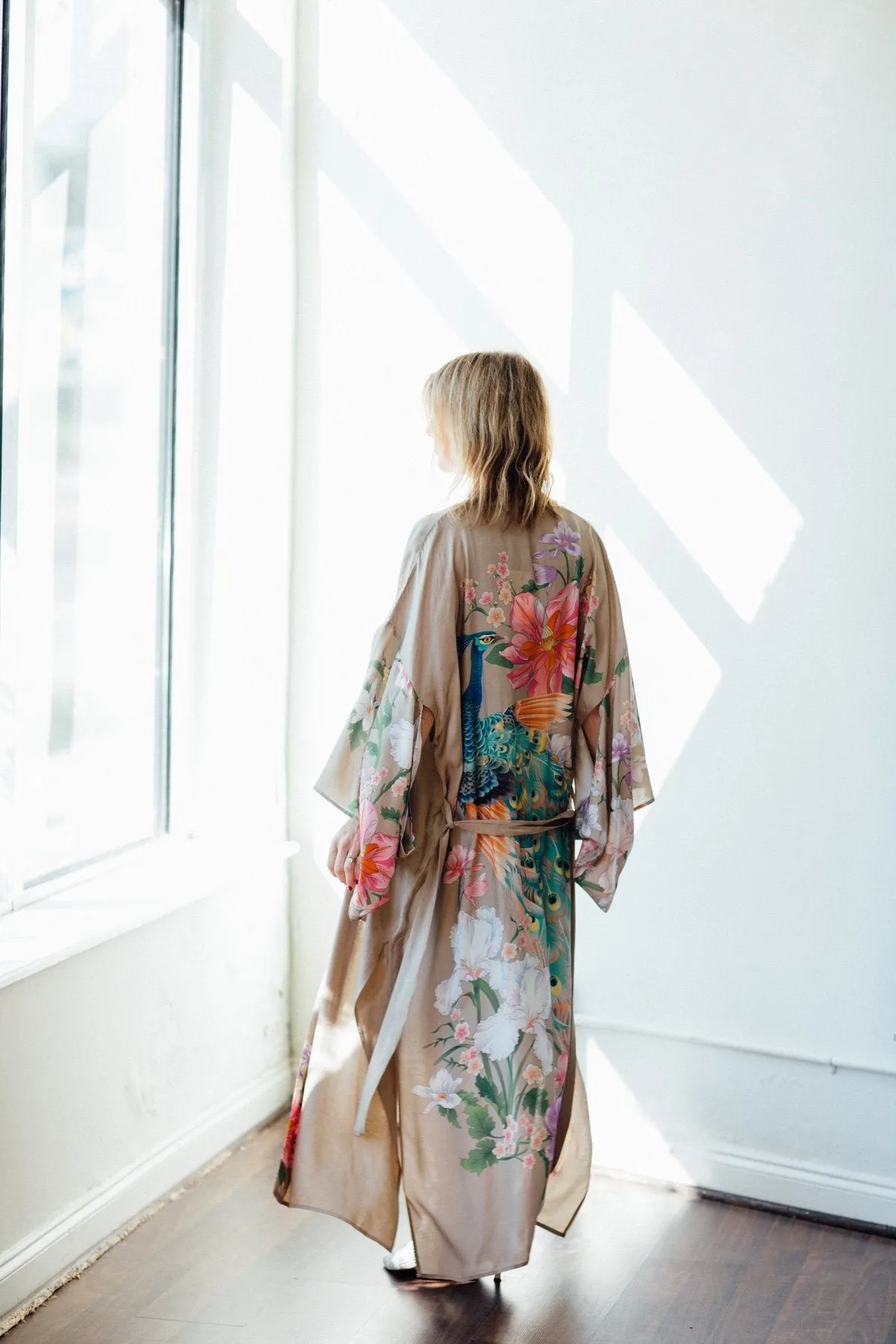 Waterfall Maxi Kimono Blue Or Beige You Choose Floral Gypsy Peacock Print Full Length Robe Or Swimsuit Cover Up Beautiful Bohemian Available In Sizes Small Medium Or Large