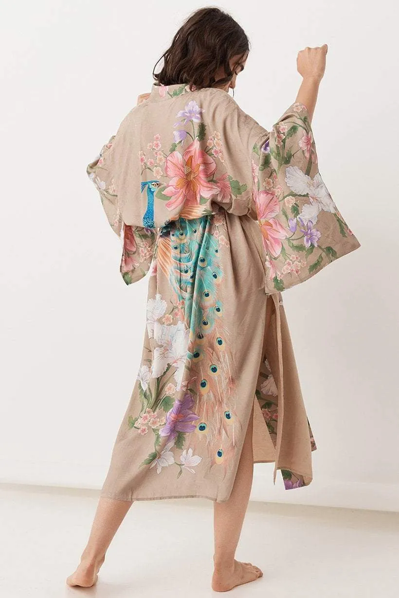 Waterfall Maxi Kimono Blue Or Beige You Choose Floral Gypsy Peacock Print Full Length Robe Or Swimsuit Cover Up Beautiful Bohemian Available In Sizes Small Medium Or Large