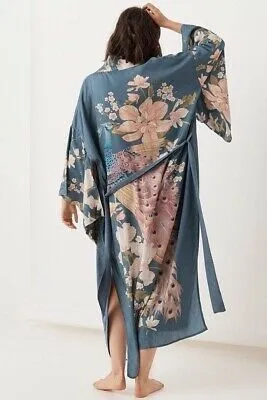 Waterfall Maxi Kimono Blue Or Beige You Choose Floral Gypsy Peacock Print Full Length Robe Or Swimsuit Cover Up Beautiful Bohemian Available In Sizes Small Medium Or Large