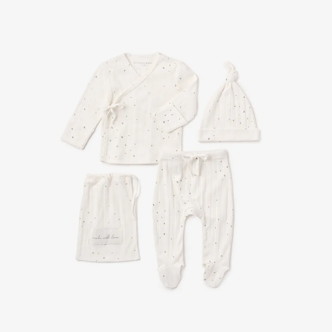 White Celestial Printed Organic Cotton Ribbed Baby Layette Set