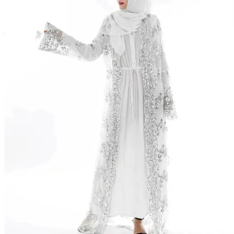 White Chiffon Sequin Embroidery Dubai  Abaya Kimono  Middle East ArabClothing