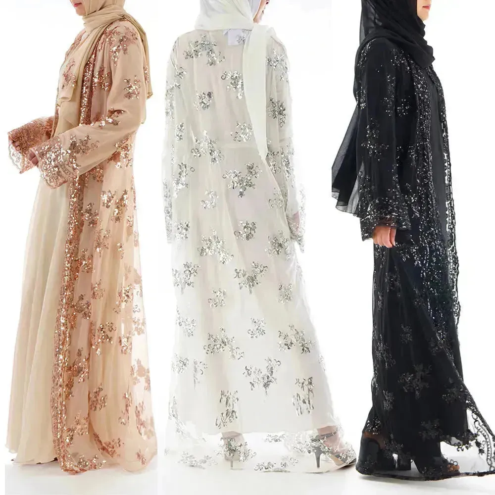 White Chiffon Sequin Embroidery Dubai  Abaya Kimono  Middle East ArabClothing