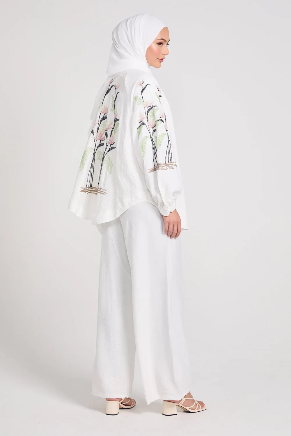 White Tropical Floral Embroidered Co-Ord Set