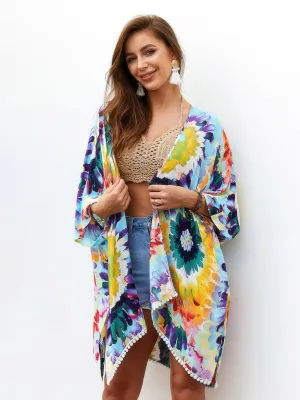 Wholesale Floral Print Slit 3/4 Sleeve Curved Hem Kimono