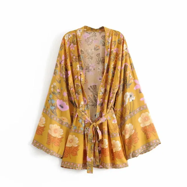 Wild Bloom Kimono Yellow Or Pink You Choose Floral Print With Big Flowers Bohemian Border And Waist Tie Great With Jeans Or Wear As A Bikini Cover Available In Small Medium Or Large