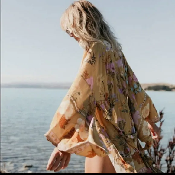 Wild Bloom Kimono Yellow Or Pink You Choose Floral Print With Big Flowers Bohemian Border And Waist Tie Great With Jeans Or Wear As A Bikini Cover Available In Small Medium Or Large