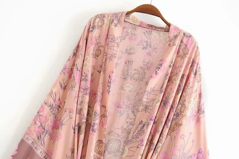 Wild Bloom Kimono Yellow Or Pink You Choose Floral Print With Big Flowers Bohemian Border And Waist Tie Great With Jeans Or Wear As A Bikini Cover Available In Small Medium Or Large