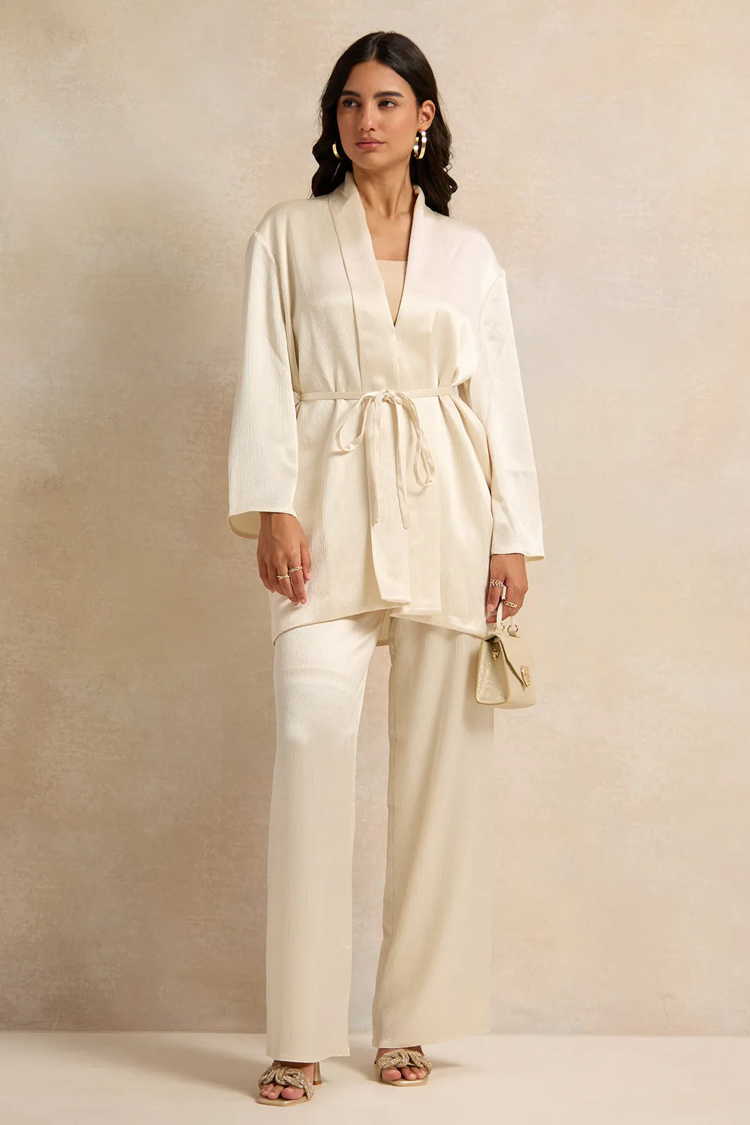 Women Beige Crinkled Kimono