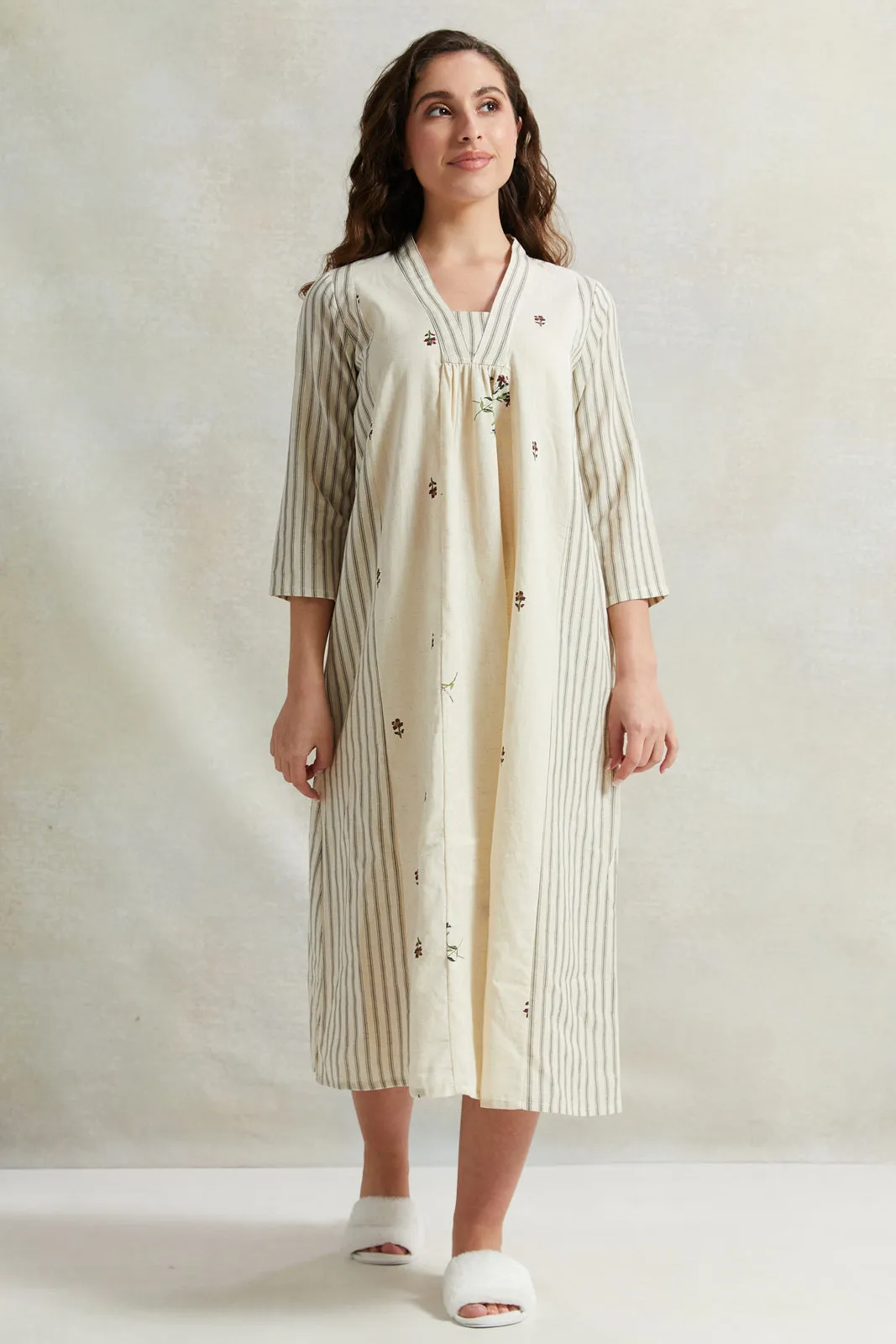 Women Beige Kimono Cotton Nightgown