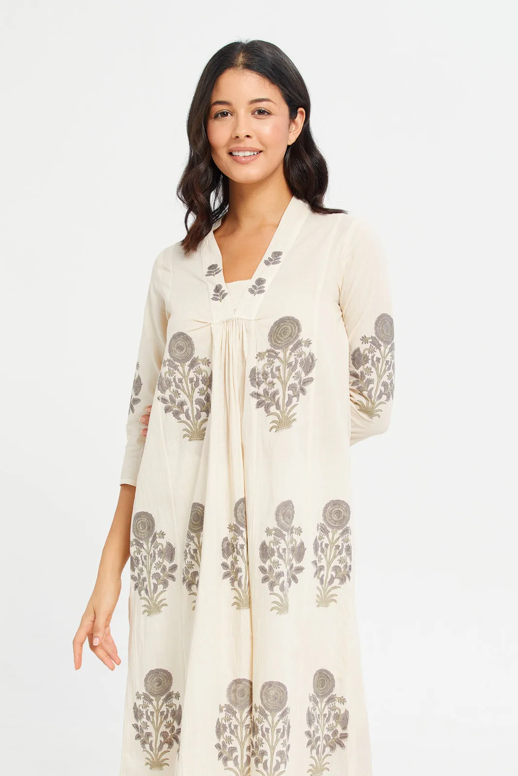 Women Cream Embroidered Kimono Nightgown