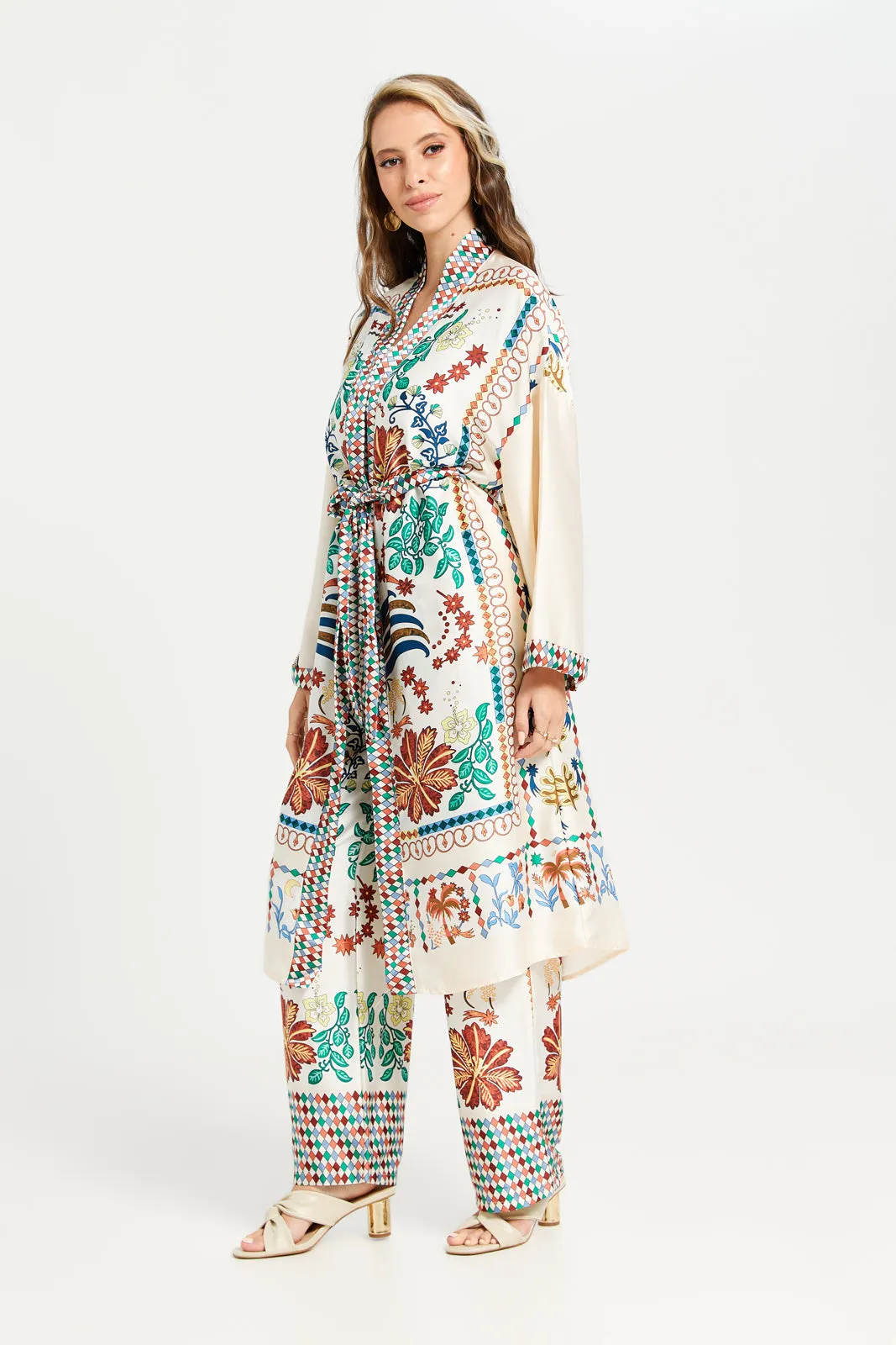 Women Ivory Printed Kimono Open Front Kaftan