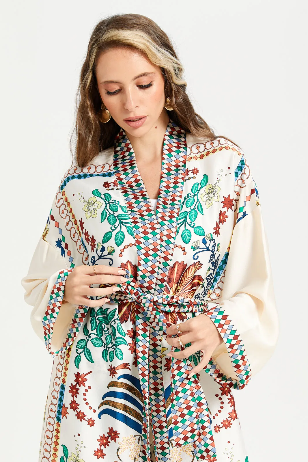 Women Ivory Printed Kimono Open Front Kaftan