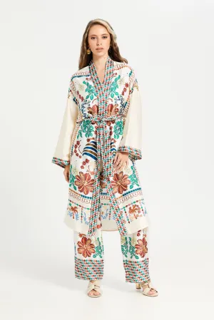 Women Ivory Printed Kimono Open Front Kaftan