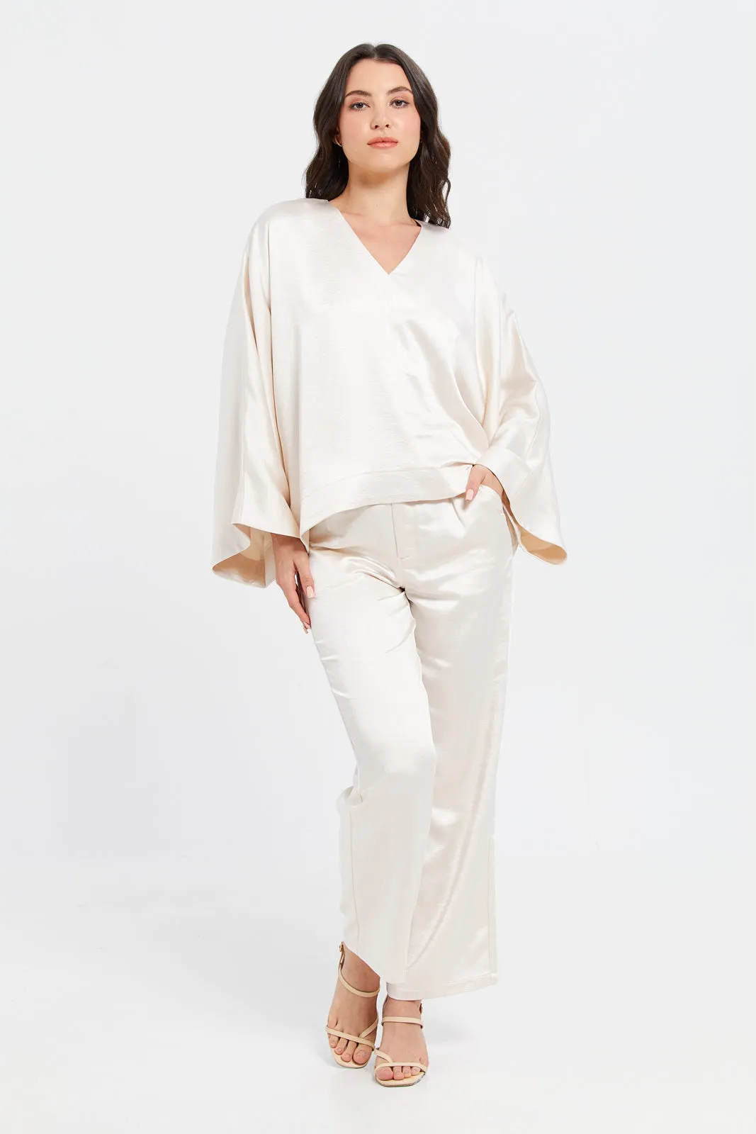 Women Ivory Satin Kimono Top